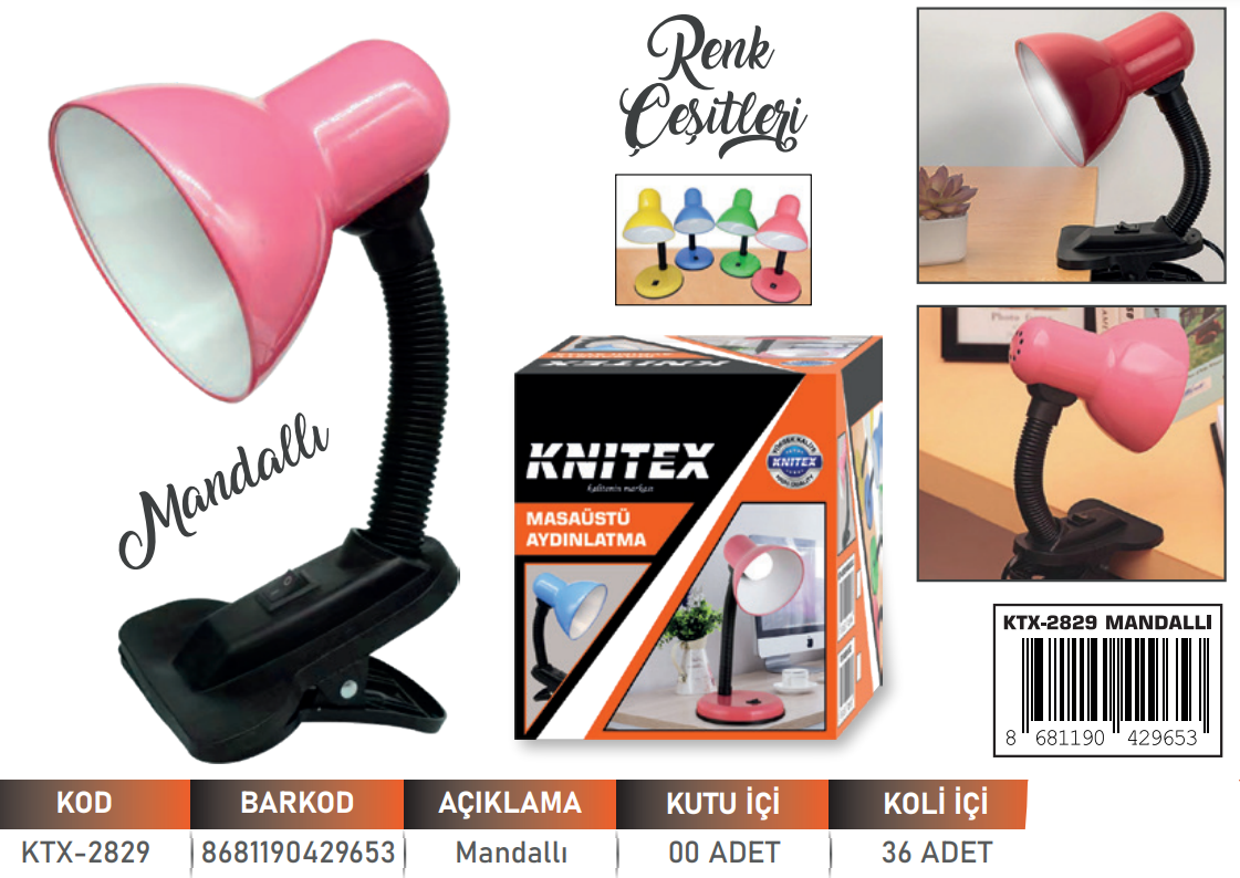 KNITEX-RENKLİ MANDALI MASA LAMBASI KTX-2829